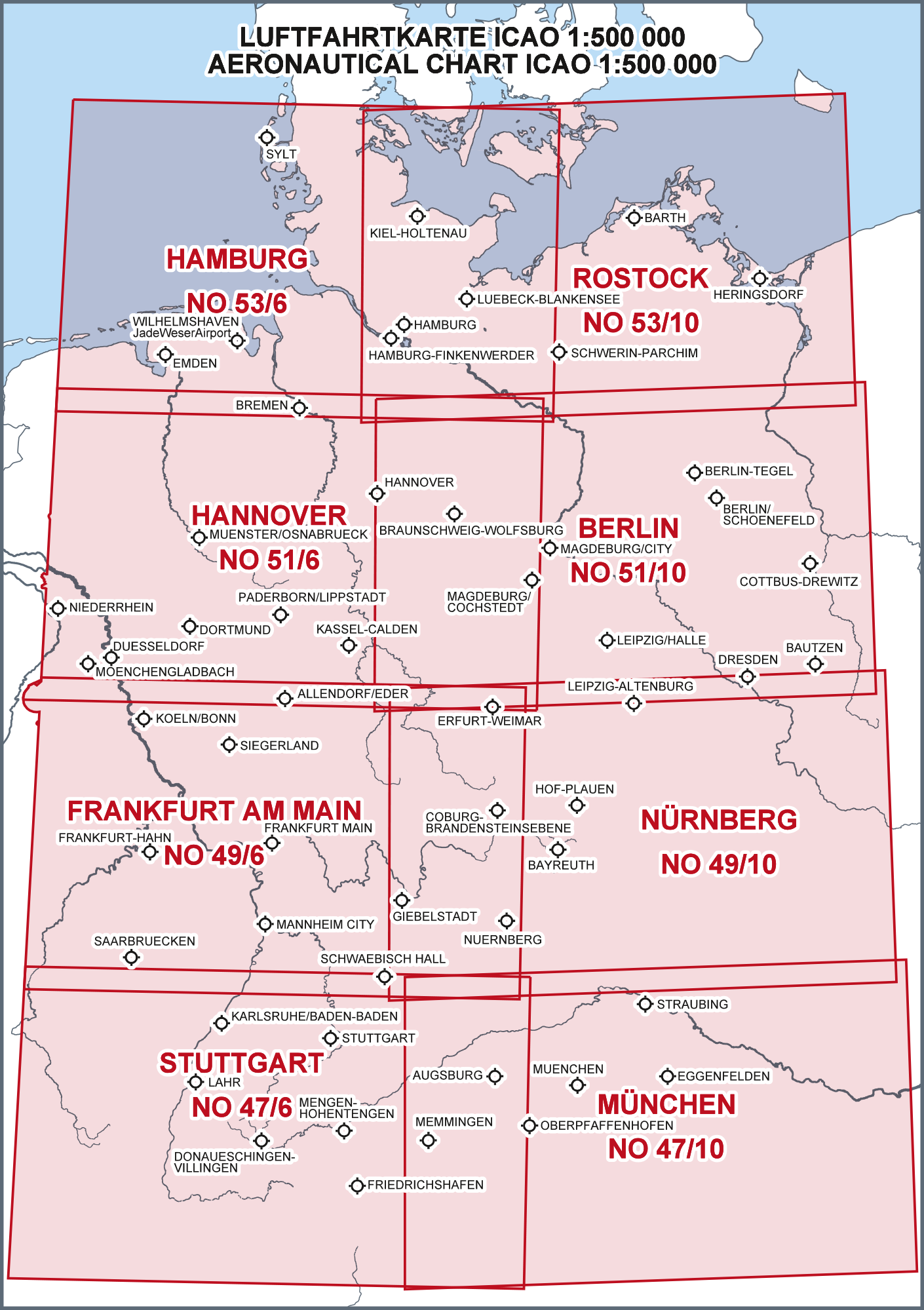 ICAO-Karten-Set Deutschland 1:500.000, Komplettsatz, 8 Blatt (Ausgabe 2022)