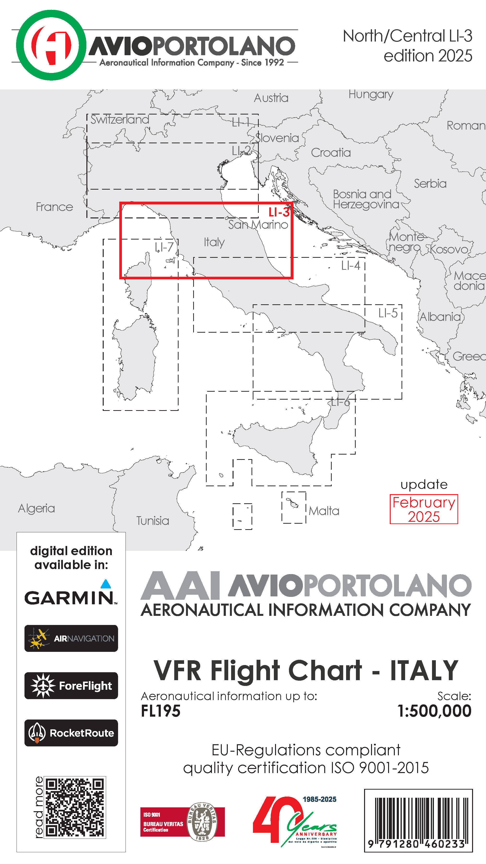 AVIOportolano VFR Flight Chart - Italy North/Central (LI-3) (Ausgabe 2025)