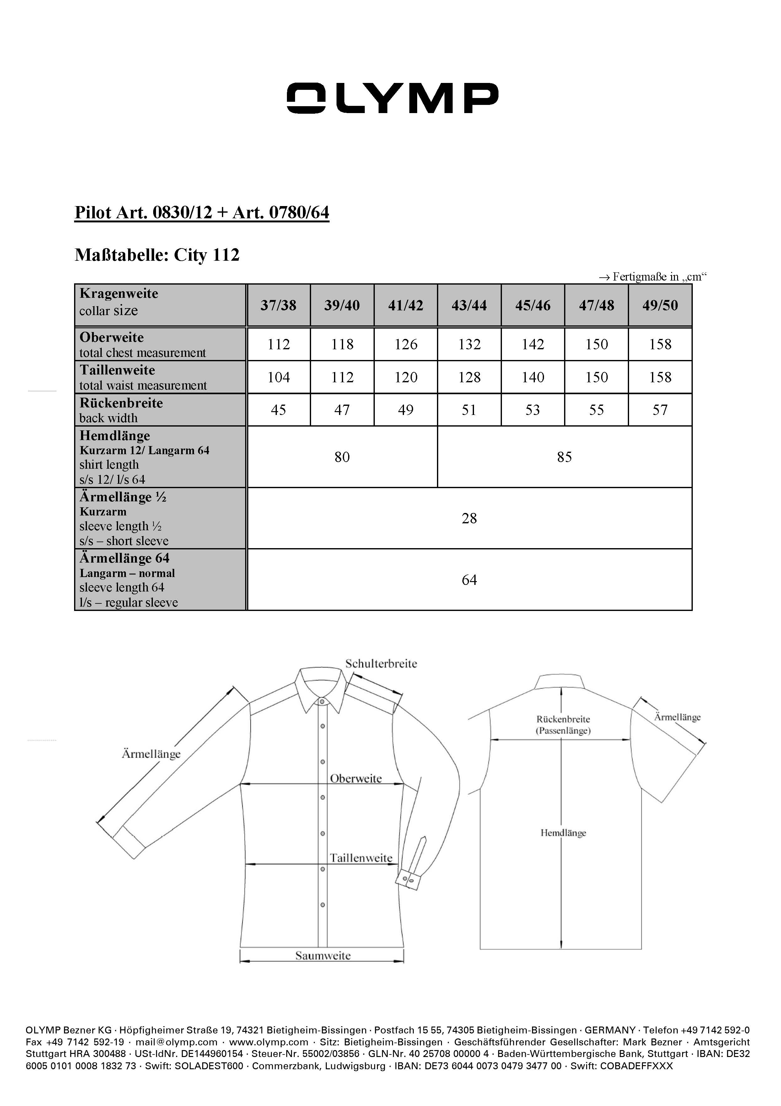 Pilotenhemd - Langarm OLYMP Pilot comfort fit