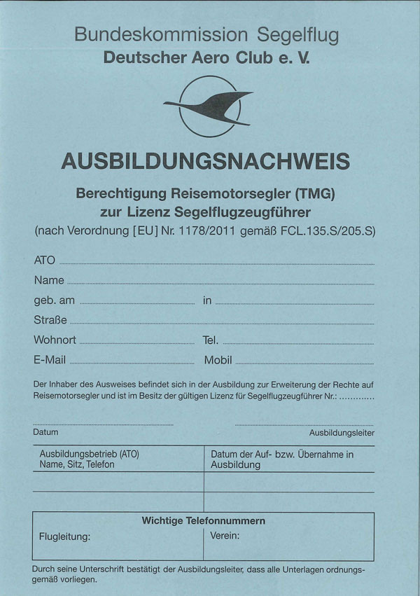 Training certificate - touring motor glider TMG