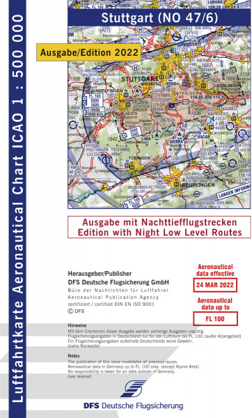 ICAO-Karte, Blatt Stuttgart (Ausgabe 2022), Nachttiefflugstrecken 1:500.000 Vorbestellung