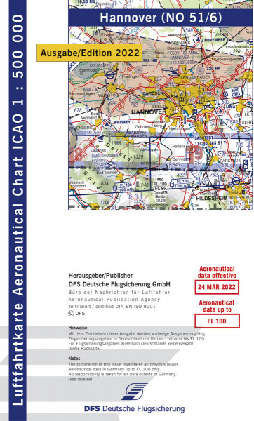 ICAO-Karte, Blatt Hannover (Ausgabe 2022), Motorflug 1:500.000 Vorbestellung
