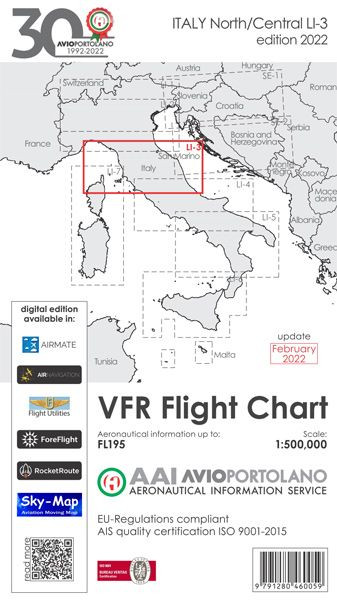 AVIOportolano VFR Flight Chart - Italy North/Central (LI-3) (Edition 2022)-(pre-order)