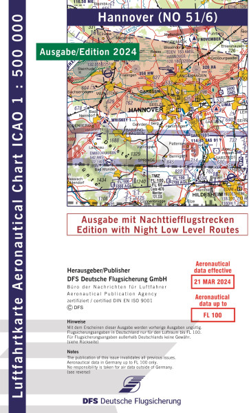 ICAO-Chart 1: 500.000, Hannover with Night Low Level Routes (Edition 2024)