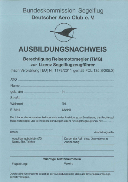 DAeC Ausbildungsnachweis Reisemotorsegler (TMG) Front
