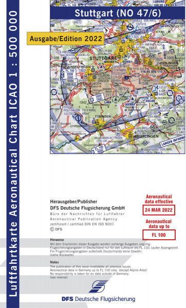 ICAO-Karte, Blatt Stuttgart (Ausgabe 2022), Motorflug 1:500.000 Vorbestellung