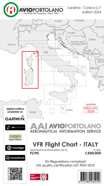 AVIOportolano VFR Flight Chart - Italy Sardinia-Corsica (LI-7) (Ausgabe 2024)