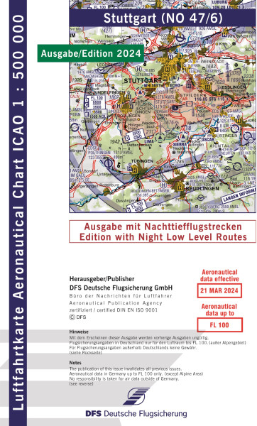 ICAO-Chart 1: 500.000, Stuttgart with Night Low Level Routes (Edition 2024)