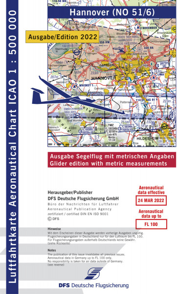 ICAO Glider Chart 1: 500.000, Hannover (Edition 2022)