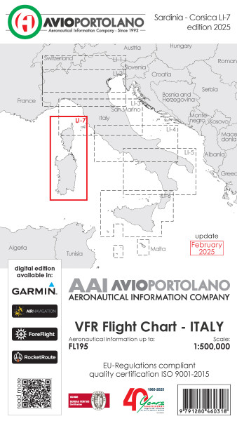 AVIOportolano VFR Flight Chart - Italy Sardinia-Corsica (LI-7) (Ausgabe 2025)-Vorbestellung