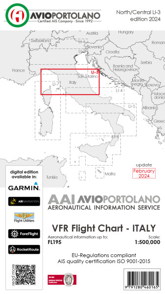 AVIOportolano VFR Flight Chart - Italy North/Central (LI-3) (Edition 2024)