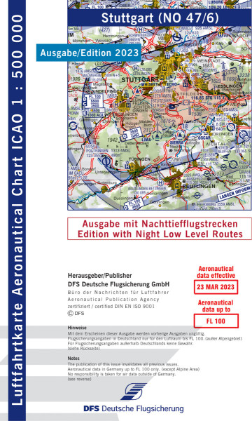 ICAO-Chart 1: 500.000, Stuttgart with Night Low Level Routes (Edition 2023)