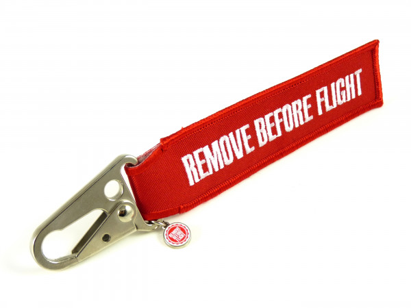 REMOVE BEFORE FLIGHT - key ring with beak carabiner