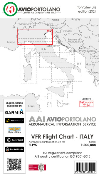 AVIOportolano VFR Flight Chart - Italy Po Valley (LI-2) (edition 2024)