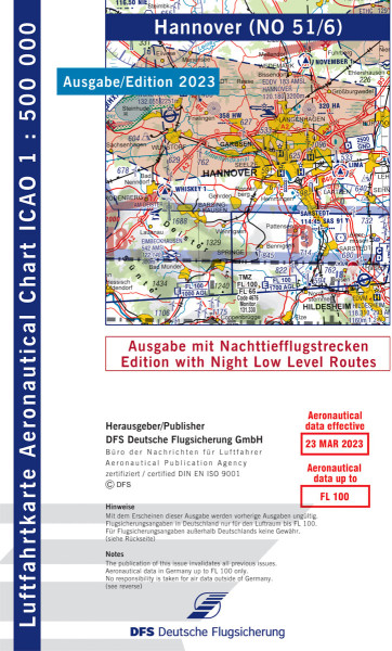 ICAO-Chart 1: 500.000, Hannover with Night Low Level Routes (Edition 2023)